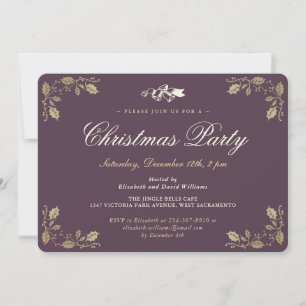 Purple Gold Holly Christmas Holiday Party Invitation