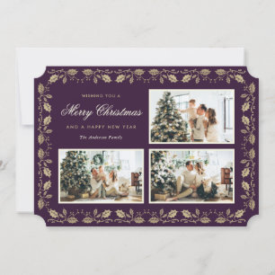 Purple Gold Holly Family 3 Photo Christmas Holiday Card