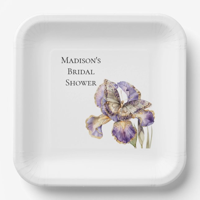Purple Gold Iris Floral Butterfly Bridal Shower Paper Plate (Front)