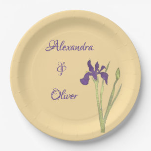 Purple & Gold Iris Watercolor Wedding Paper Plate
