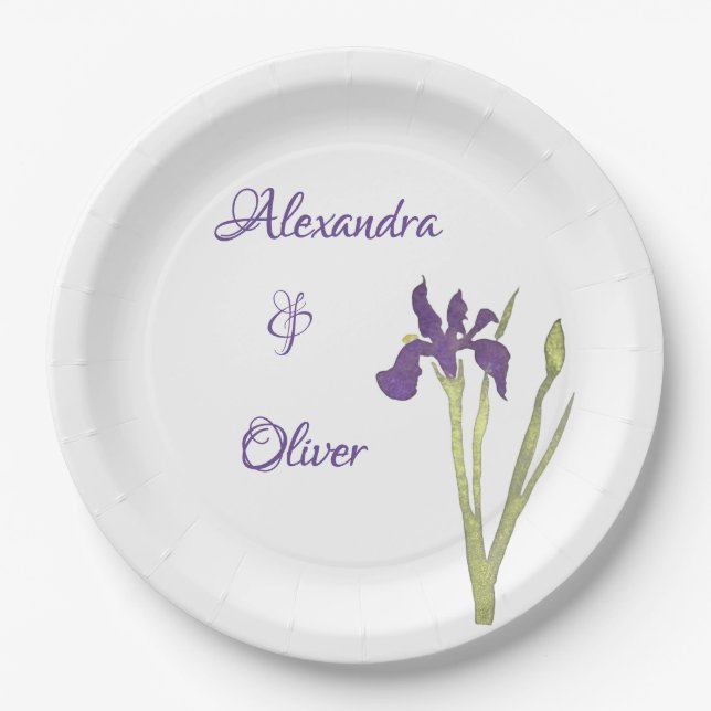 Purple & Gold Iris Watercolor Wedding Paper Plate (Front)