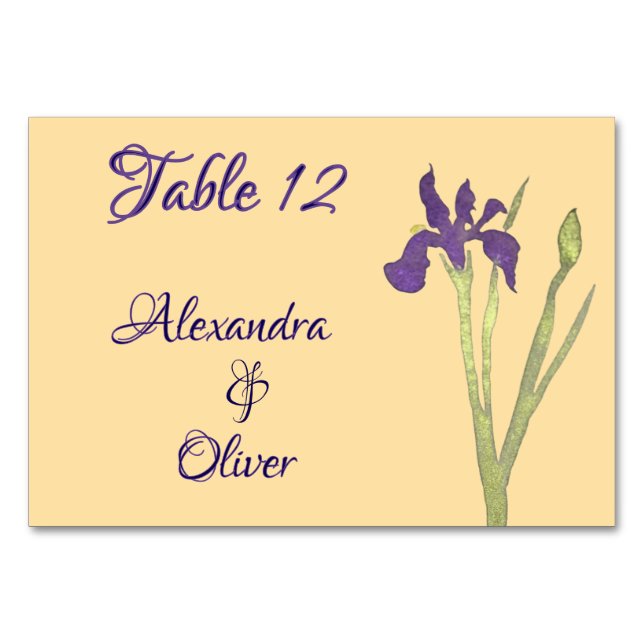 Purple & Gold Iris Watercolor Wedding Table Number (Back)