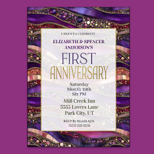 Purple Gold Jewelled Strata 1st Wedding Anniversar Invitation