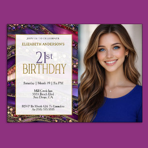 Purple Gold Jewelled Strata 21st Birthday Photo Invitation