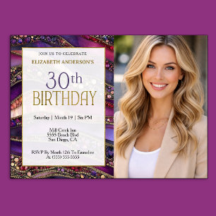 Purple Gold Jewelled Strata 30th Birthday Photo Invitation
