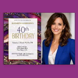 Purple Gold Jewelled Strata 40th Birthday Photo Invitation