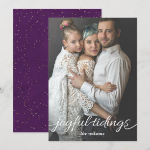 purple Gold Joyful Tidings Script Custom Photo Holiday Card
