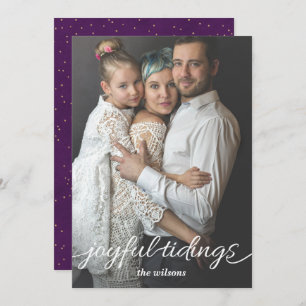 purple Gold Joyful Tidings Script Custom Photo Holiday Card