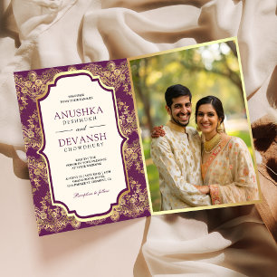 Purple Gold Lace QR Code Photo Indian Wedding Invitation