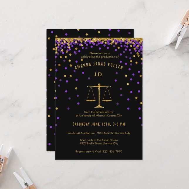 Purple & Gold Law School Graduation Invitation (Front/Back In Situ)