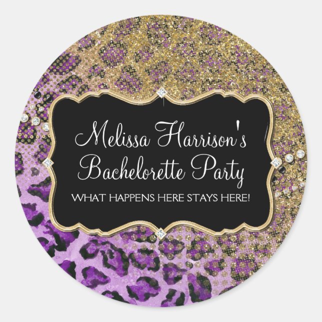 Purple Gold Leopard Animal Print Glitter Look Classic Round Sticker (Front)