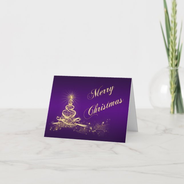 Purple, Gold Lighted Tree Corporate Christmas Card (Front)