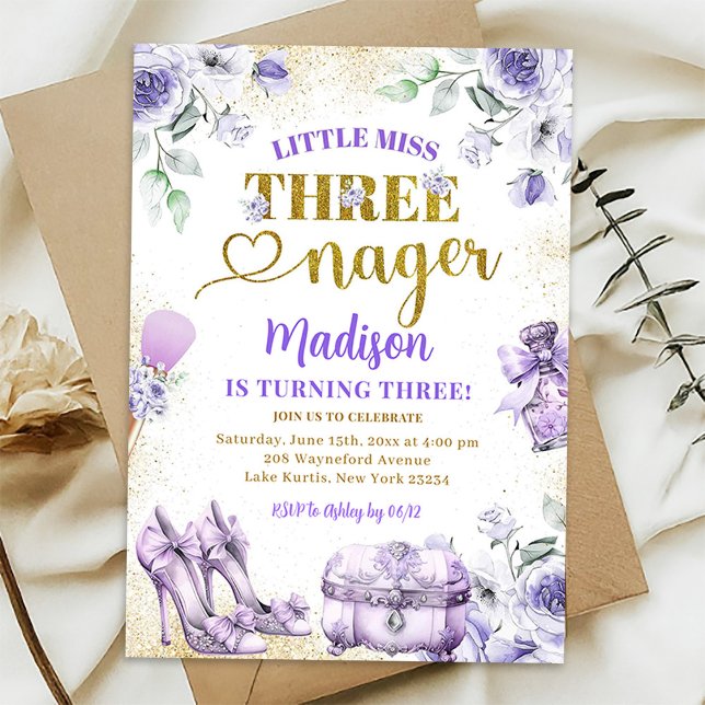 Purple Gold Little Miss Threenager Third Birthday Invitation (Creator Uploaded)