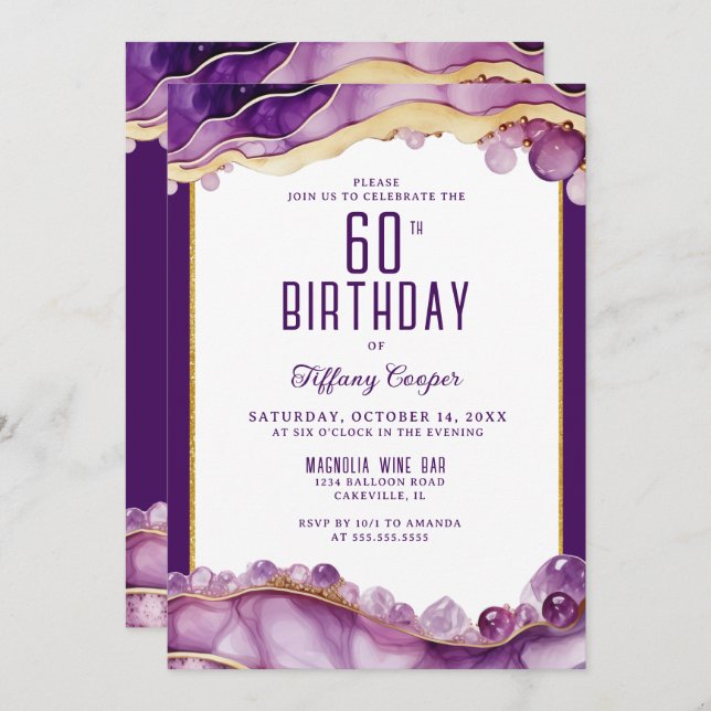 Purple Gold Marble 60th Birthday Invitation (Front/Back)