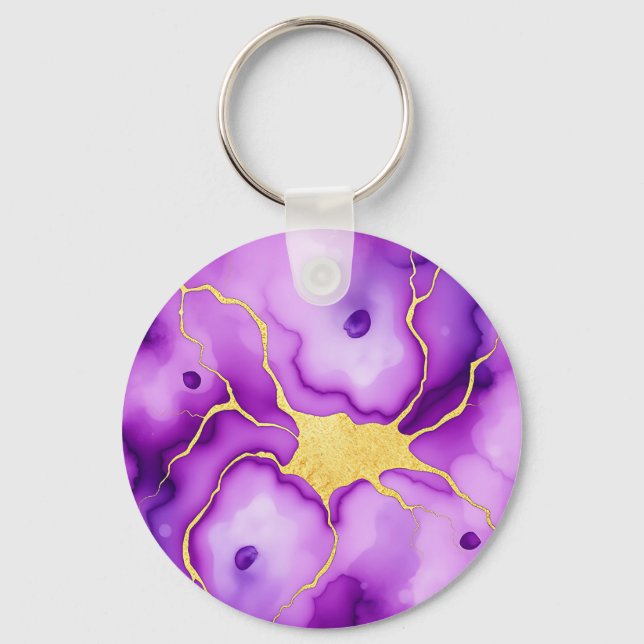 Purple Gold Marble Abstract Pattern Key Ring (Front)
