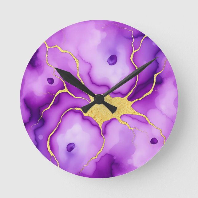 Purple Gold Marble Abstract Pattern Round Clock (Front)