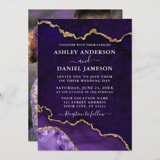 Purple Gold Marble Agate Geode Photo Wedding Invitation (Front/Back)