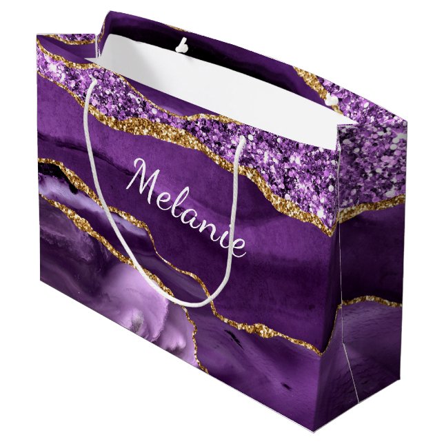 Purple Gold Marble Custom Name Gift Bag (Back Angled)