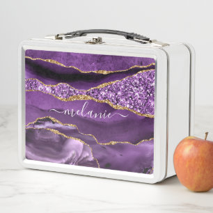 Purple Gold Marble Custom Name Metal Lunch Box