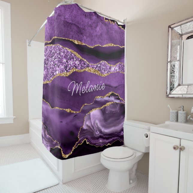 Purple Gold Marble Custom Name Shower Curtain (In Situ)