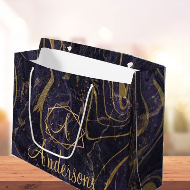 Purple Gold Marble Effect Monogram Name Christmas Large Gift Bag (Creator Uploaded)