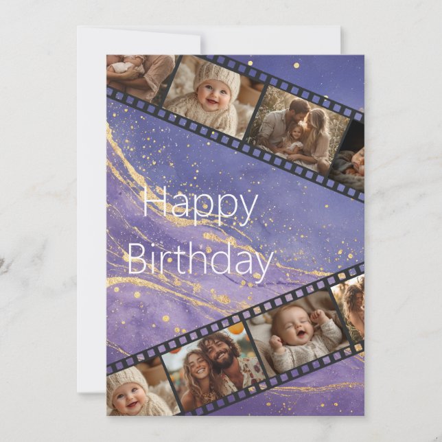 Purple & Gold Marble Film Strip Birthday Card (Front)