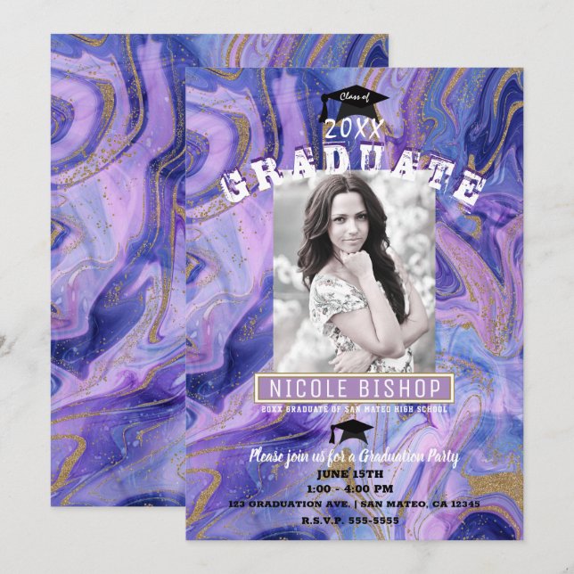 Purple Gold Marble Glam Photo Graduation Party   Invitation (Front/Back)