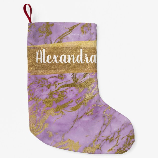 Purple & Gold Marble Glitter and Sparkle Monogram Small Christmas Stocking (Front)