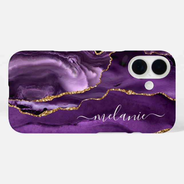 Purple Gold Marble iPhone Case with Custom Name (Back (Horizontal))