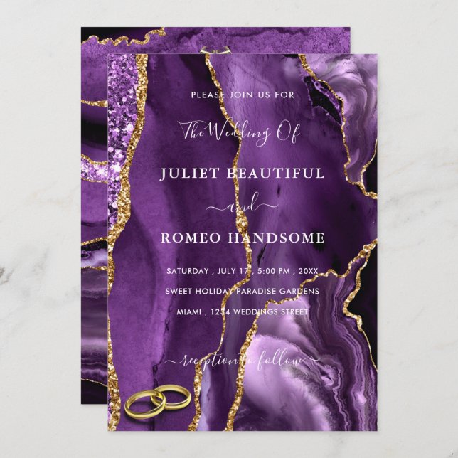 Purple Gold Marble Wedding Invitation with Rings (Front/Back)