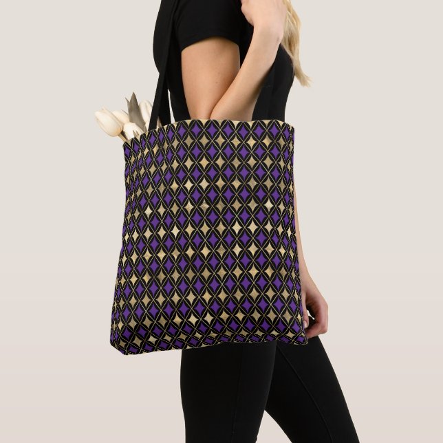 PURPLE & GOLD MARDI GRAS DIAMOND PATTERNS TOTE BAG (Close Up)
