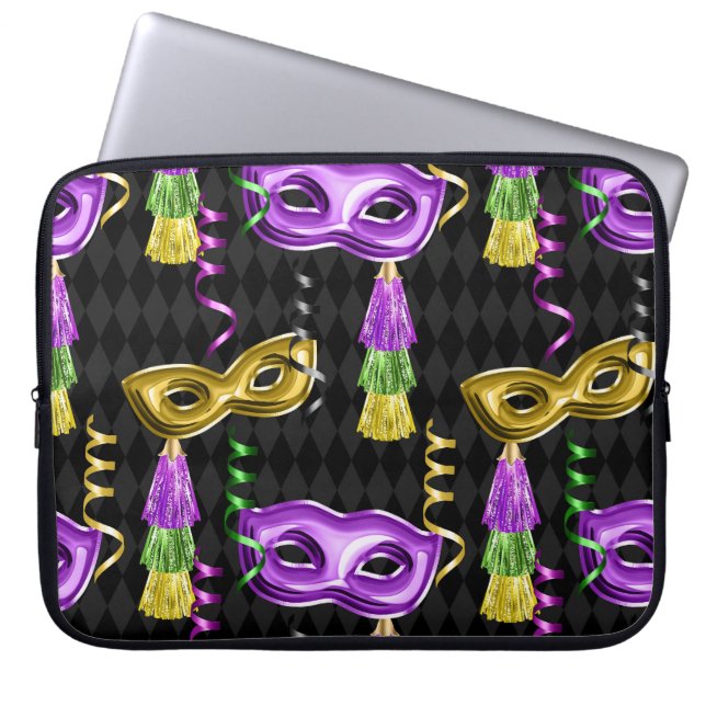 PURPLE & GOLD MARDI GRAS MASKS & TASSELS LAPTOP SLEEVE (Front)