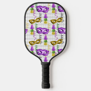 PURPLE & GOLD MARDI GRAS MASKS & TASSELS PICKLEBALL PADDLE