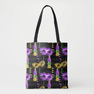 PURPLE & GOLD MARDI GRAS MASKS & TASSELS TOTE BAG