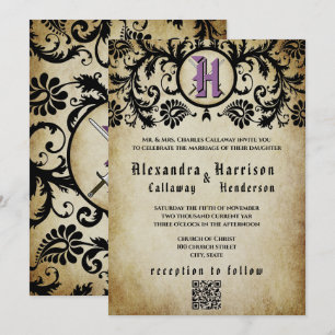 Purple & Gold Mediaeval Middle Ages Damask Wedding Invitation