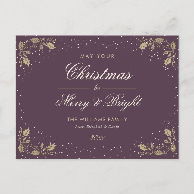 Purple Gold Merry & Bright Holiday Postcard (Front)