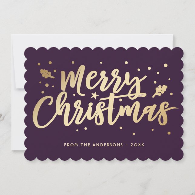 Purple Gold Merry Christmas Calligraphy Holiday Card (Front)