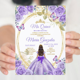 Purple & Gold Mis Quince 15 Anos Butterfly Crown Invitation