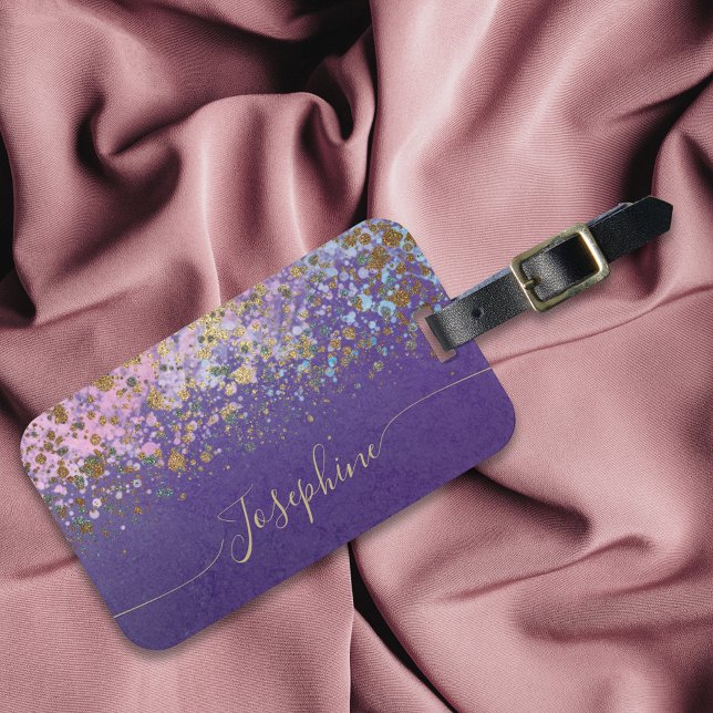 Purple Gold Modern Chic Trendy Calligraphy  Luggage Tag (Creator Uploaded)