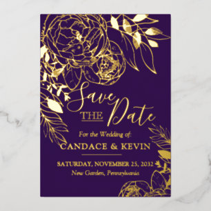  Purple & Gold Modern Floral Peony Save the Date