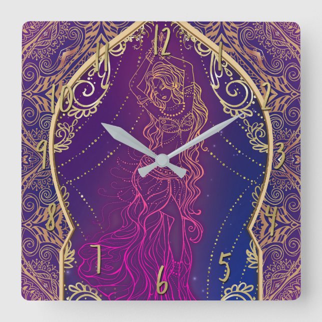 Purple & Gold Moroccan Arabian Belly Dancing Glam Square Wall Clock (Front)
