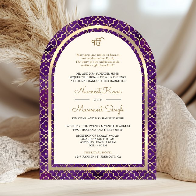 Purple Gold Moroccan QR Code Sikh Arch Wedding Invitation (Creator Uploaded)
