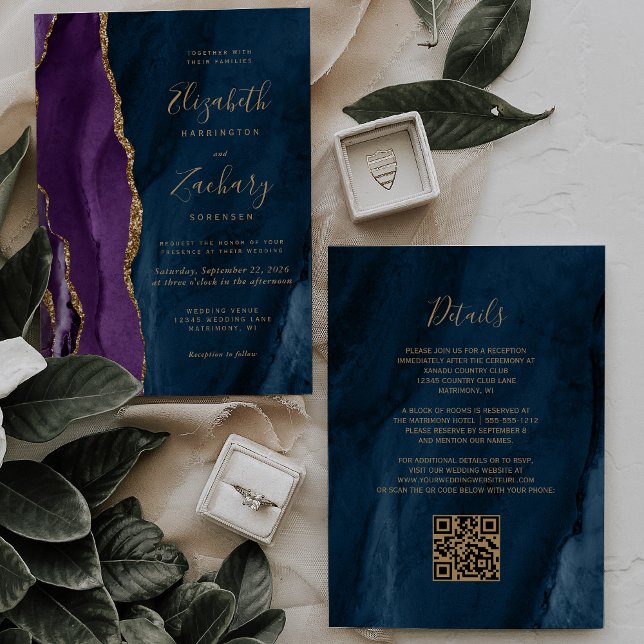 Purple Gold Navy Blue Agate QR Code Wedding Invitation (Creator Uploaded)