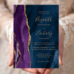 Purple Gold Navy Blue Agate Wedding Invitation<br><div class="desc">This elegant modern wedding invitation features a purple watercolor agate design trimmed with faux gold glitter. The customisable text combines gold-coloured handwriting,  copperplate and italic fonts on a navy blue watercolor agate background. The reverse side features a coordinating purple and gold agate design.</div>