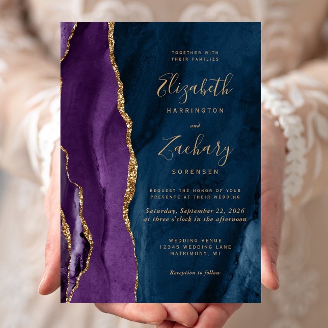Purple Gold Navy Blue Agate Wedding Invitation (Creator Uploaded)