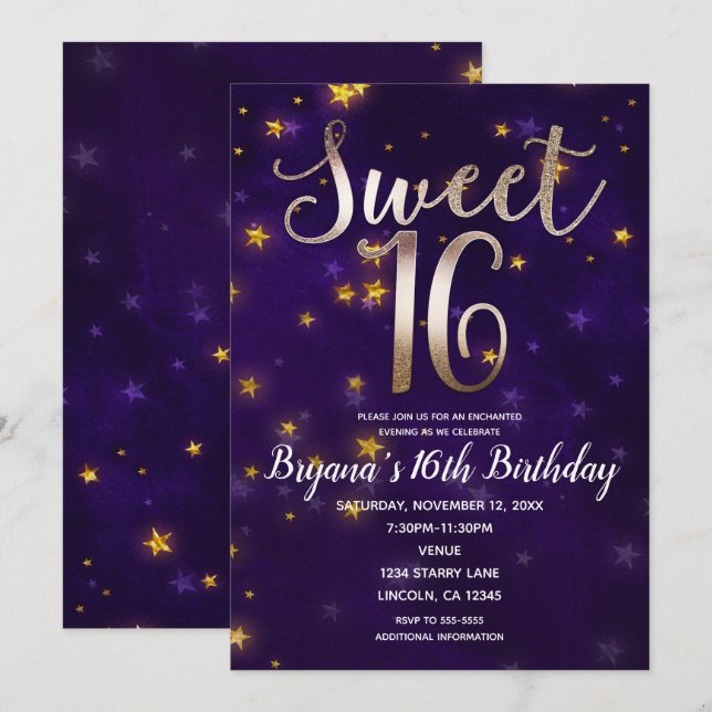 Purple & Gold Night Under The Stars Sweet 16 Party Invitation (Front/Back)