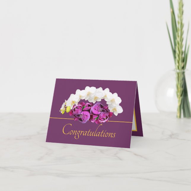 Purple Gold Orchid & Peony Bouquet Congratulations Card (Front)