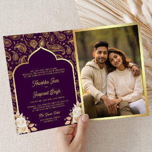 Purple Gold Paisley Floral QR Code Indian Wedding Invitation