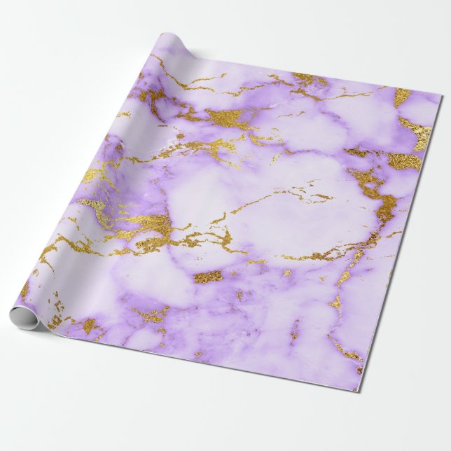 Purple Gold Pastel White Marble Shiny Glam Wrapping Paper (Unrolled)