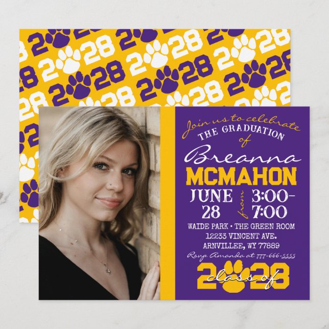 Purple & Gold Pawprint Graduation Photo Invitation (Front/Back)